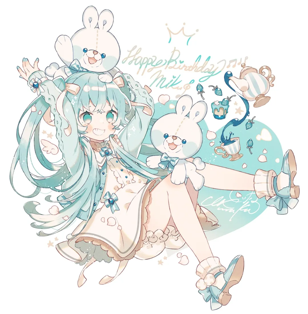 初音未来手机壁纸｜白兔玩偶背景图片 - 薄荷绿生日可爱插画「哲风壁纸」