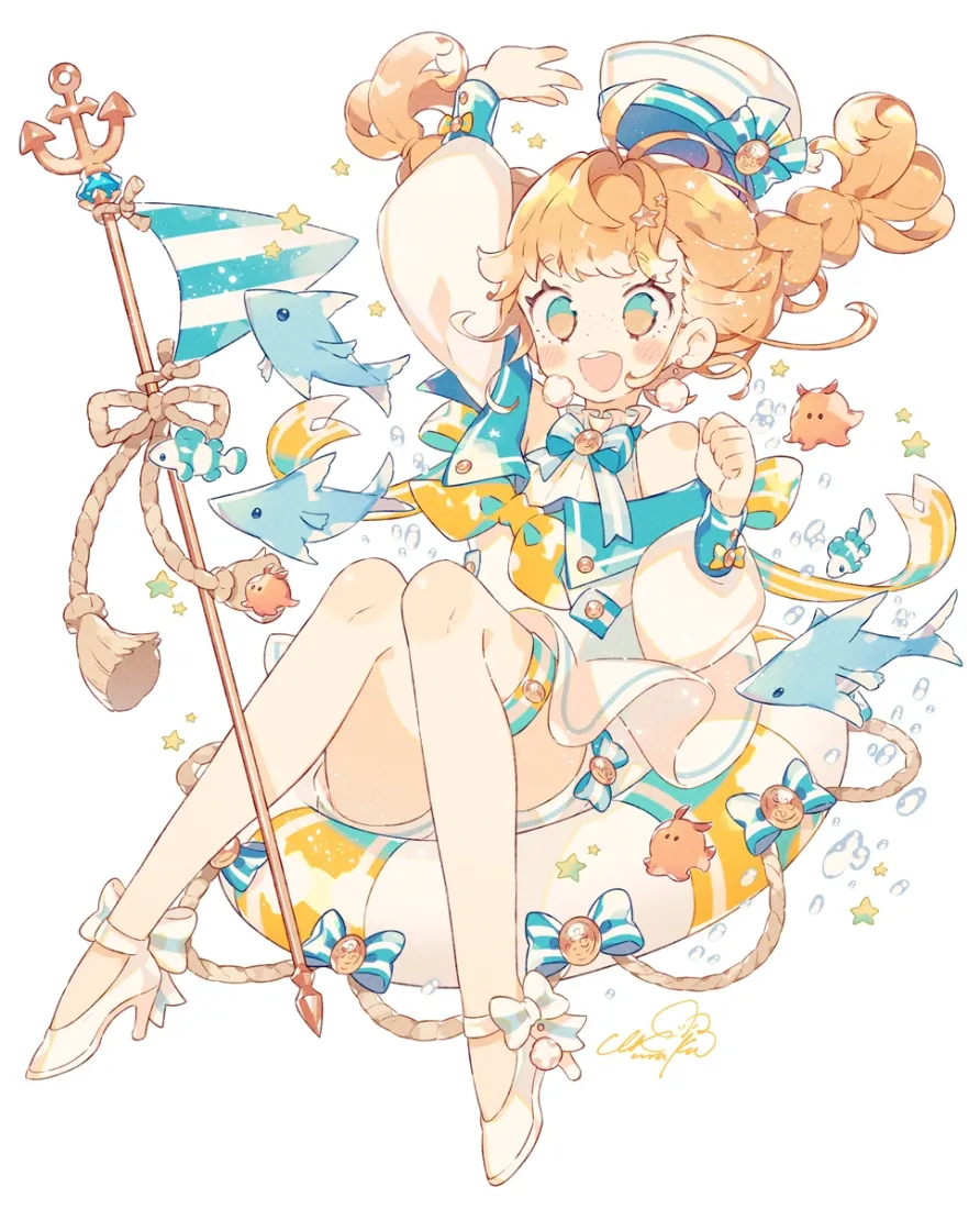 水手风少女手机壁纸｜夏日海洋背景图片 - 金发双马尾泳装插画「哲风壁纸」