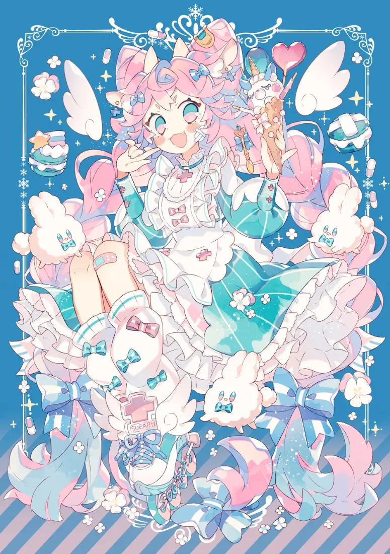 粉发洛丽塔少女手机壁纸｜蓝色背景图片 - 可爱兔子玩偶甜系插画「哲风壁纸」