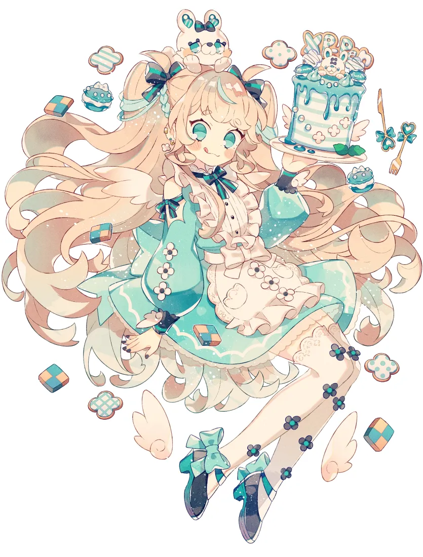 甜点少女手机壁纸｜薄荷绿背景图片 - 兔子蛋糕可爱插画「哲风壁纸」