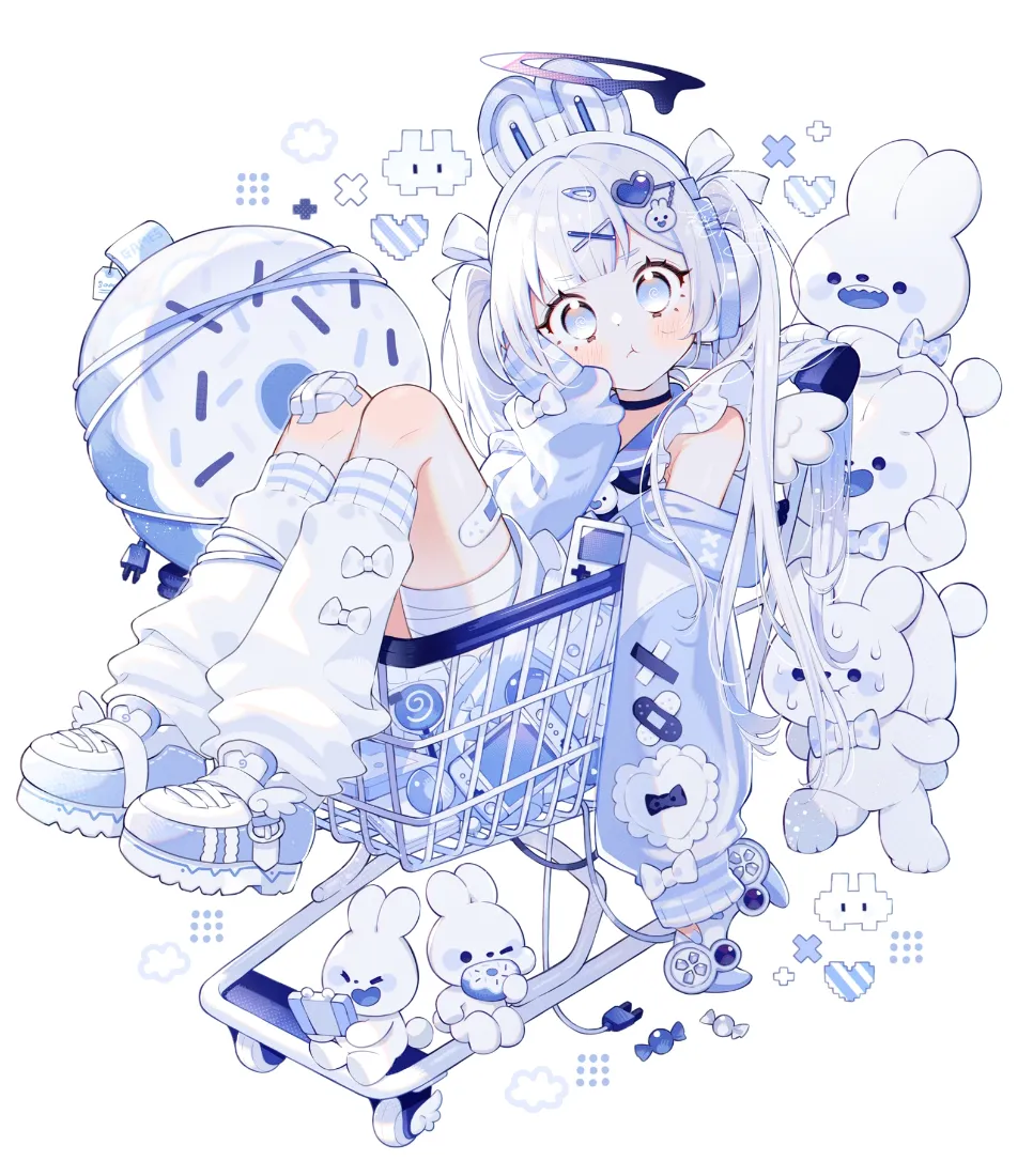 蓝白发少女手机壁纸｜购物车兔子背景图片 - 甜酷可爱二次元插画「哲风壁纸」