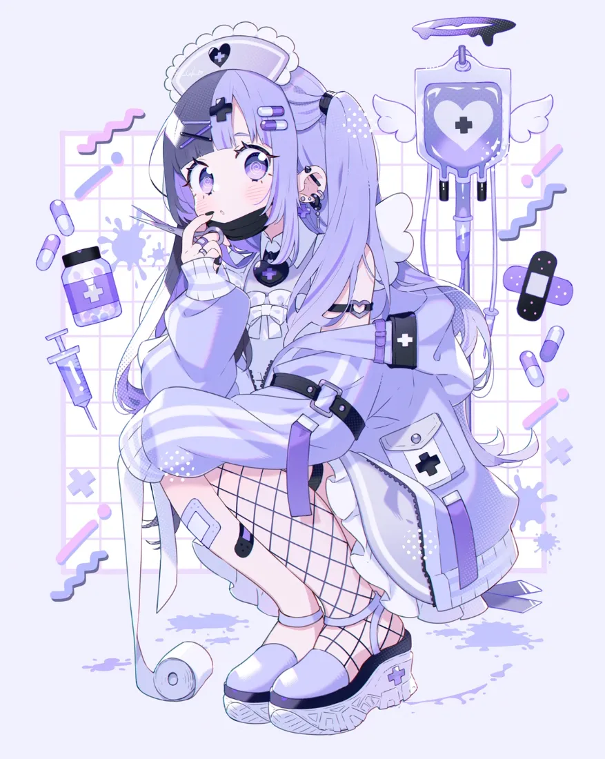 紫发护士少女手机壁纸｜医疗元素背景图片 - 紫色二次元插画「哲风壁纸」