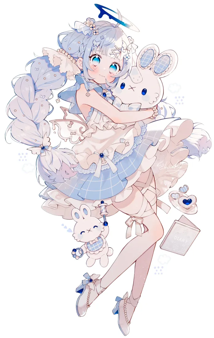 软萌少女手机壁纸｜蓝白裙抱兔背景图片 - 可爱萝莉插画「哲风壁纸」