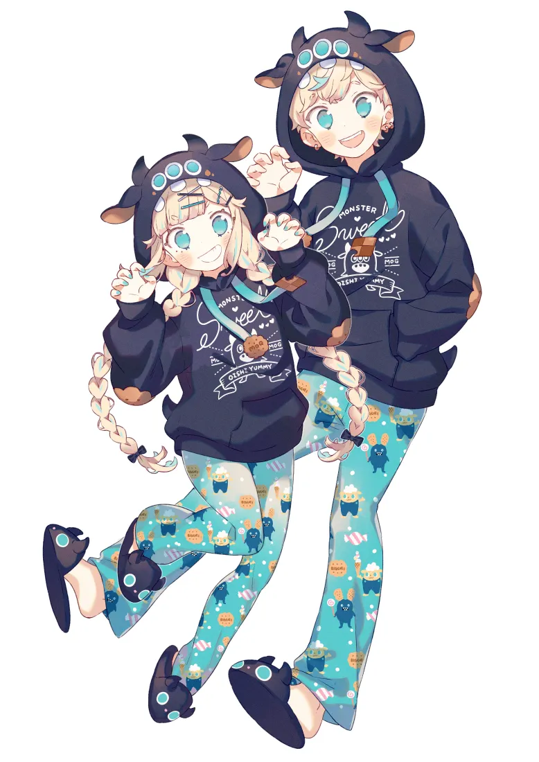 奶牛睡衣少年少女手机壁纸｜卡通背景图片 - 可爱二次元情侣插画「哲风壁纸」