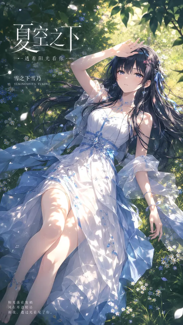 夏空之下少女手机壁纸｜夏日背景图片 - 蓝裙长发森系女孩「哲风壁纸」