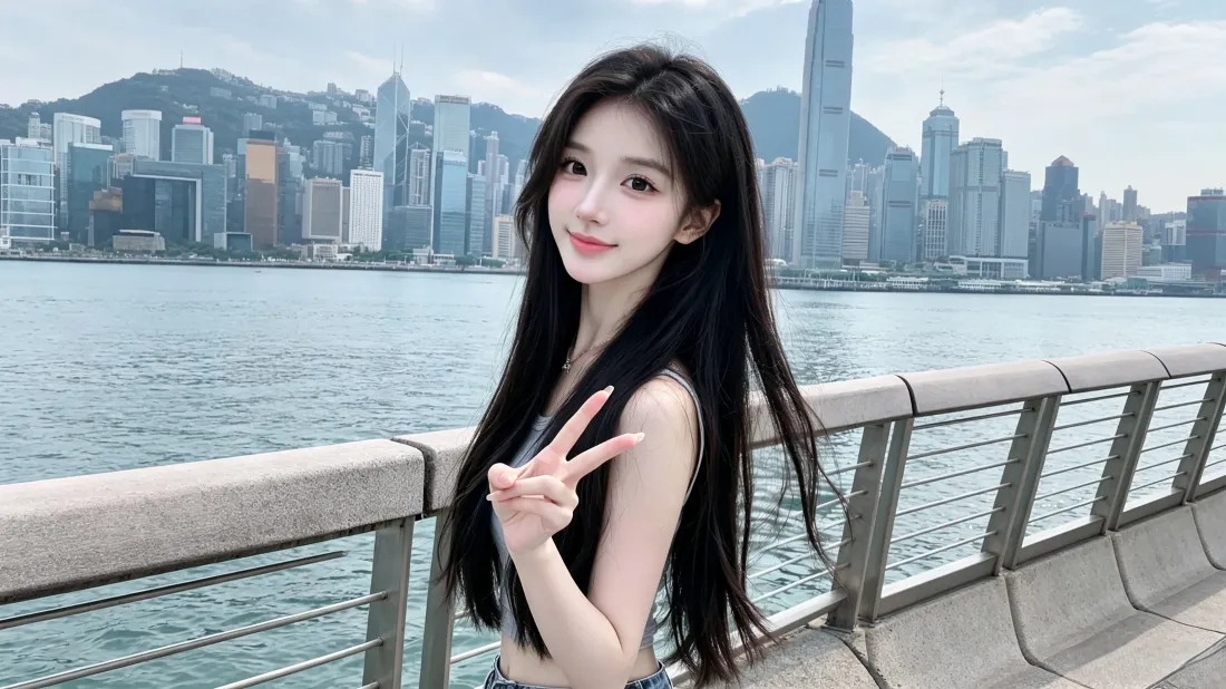 3k长发美女壁纸｜维多利亚港背景图片 - 海边比耶打卡「哲风壁纸」