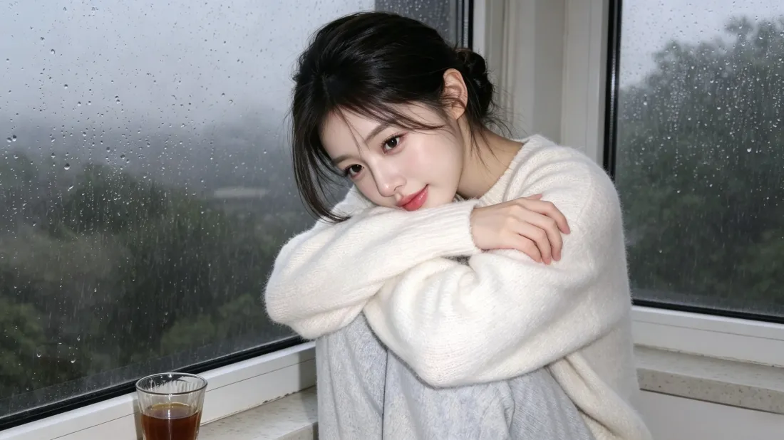 3k清纯女生壁纸｜雨天窗边背景图片 - 白衣抱臂氛围感「哲风壁纸」