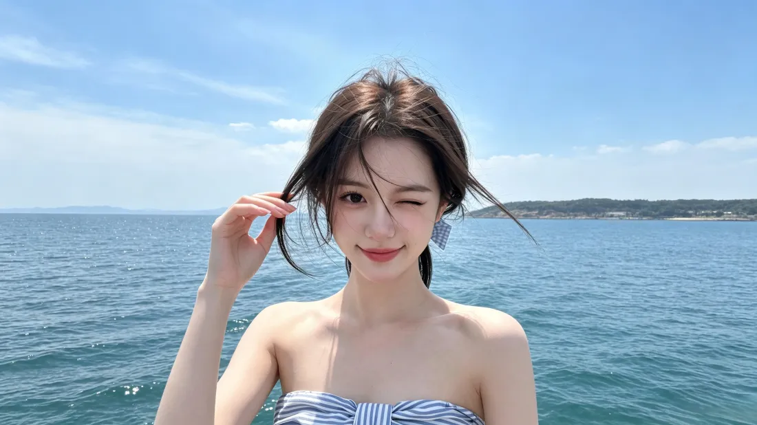 3k海边女生壁纸｜蓝天大海背景图片 - 夏日wink甜妹「哲风壁纸」