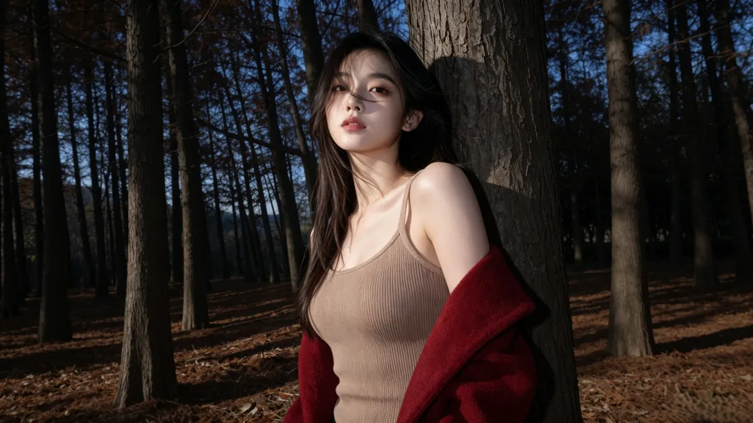 3k森系美女｜林间氛围感背景图片 - 红衫吊带写真「哲风壁纸」