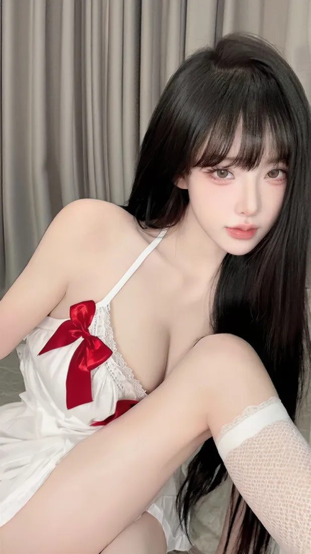 纯欲美女手机壁纸｜白裙红蝴蝶结背景图片 - 黑长直白丝「哲风壁纸」