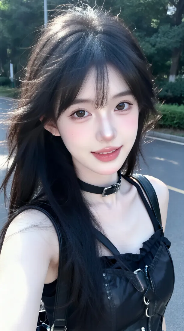 甜酷女生手机壁纸｜户外街拍背景图片 - 露肩黑上衣choker穿搭「哲风壁纸」