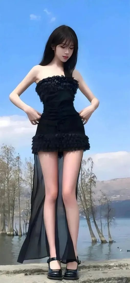 黑裙美女手机壁纸｜湖边蓝天背景图片 - 户外写真「哲风壁纸」