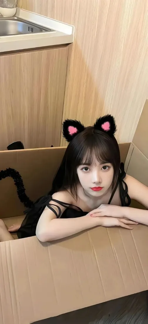 猫系少女手机壁纸｜纸箱居家背景图片 - 黑裙猫耳甜欲写真「哲风壁纸」
