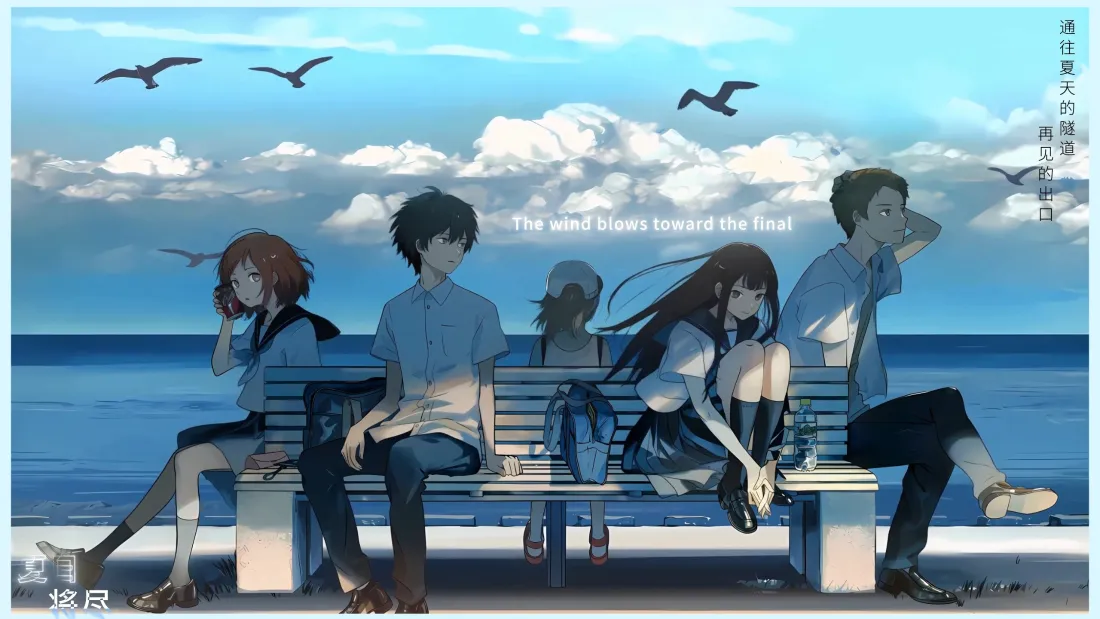 3k青春少年少女｜海边背景图片 - 长椅海鸥蓝天白云插画「哲风壁纸」