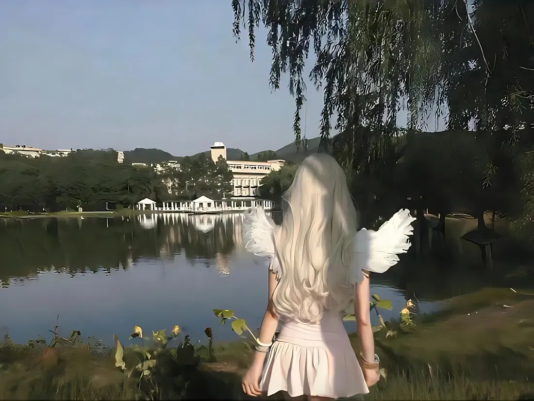 2k天使装扮美女壁纸｜湖畔柳岸背景图片 - 晴空户外「哲风壁纸」