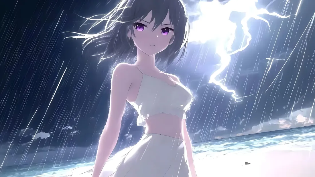 2k动漫少女壁纸｜雷雨海滩背景图片 - 紫瞳白裙海边雷电雨夜「哲风壁纸」