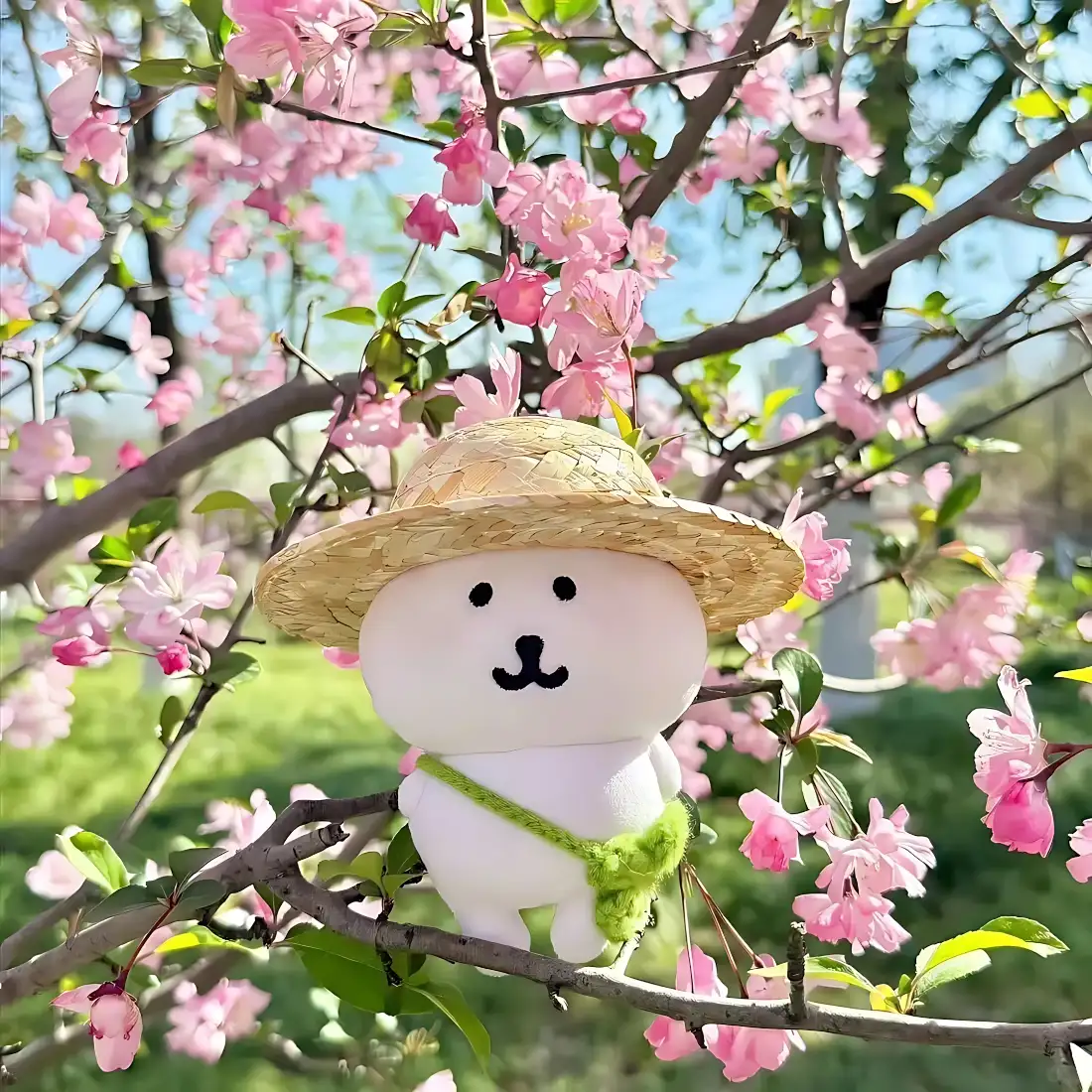 自嘲熊手机壁纸｜樱花春日背景图片 - 草帽挎包玩偶户外赏景「哲风壁纸」