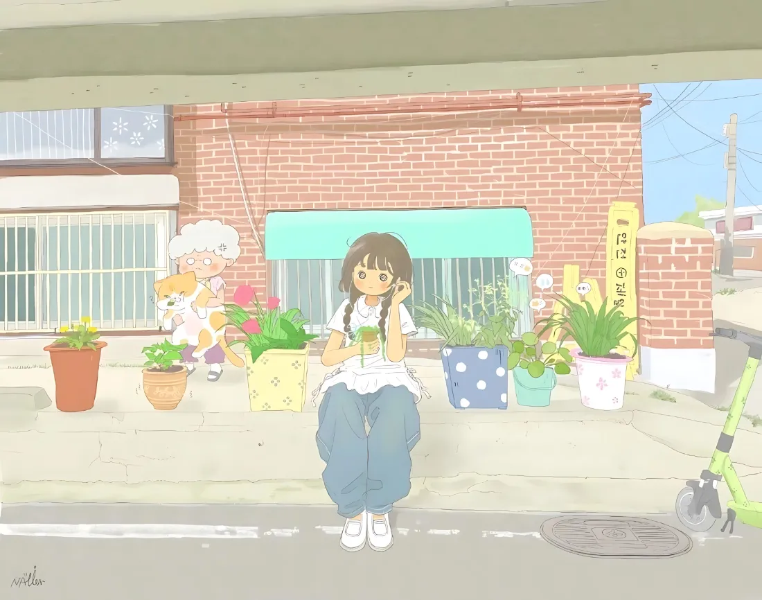 3k双麻花辫少女壁纸｜街边花店背景图片 - 日系治愈日常「哲风壁纸」