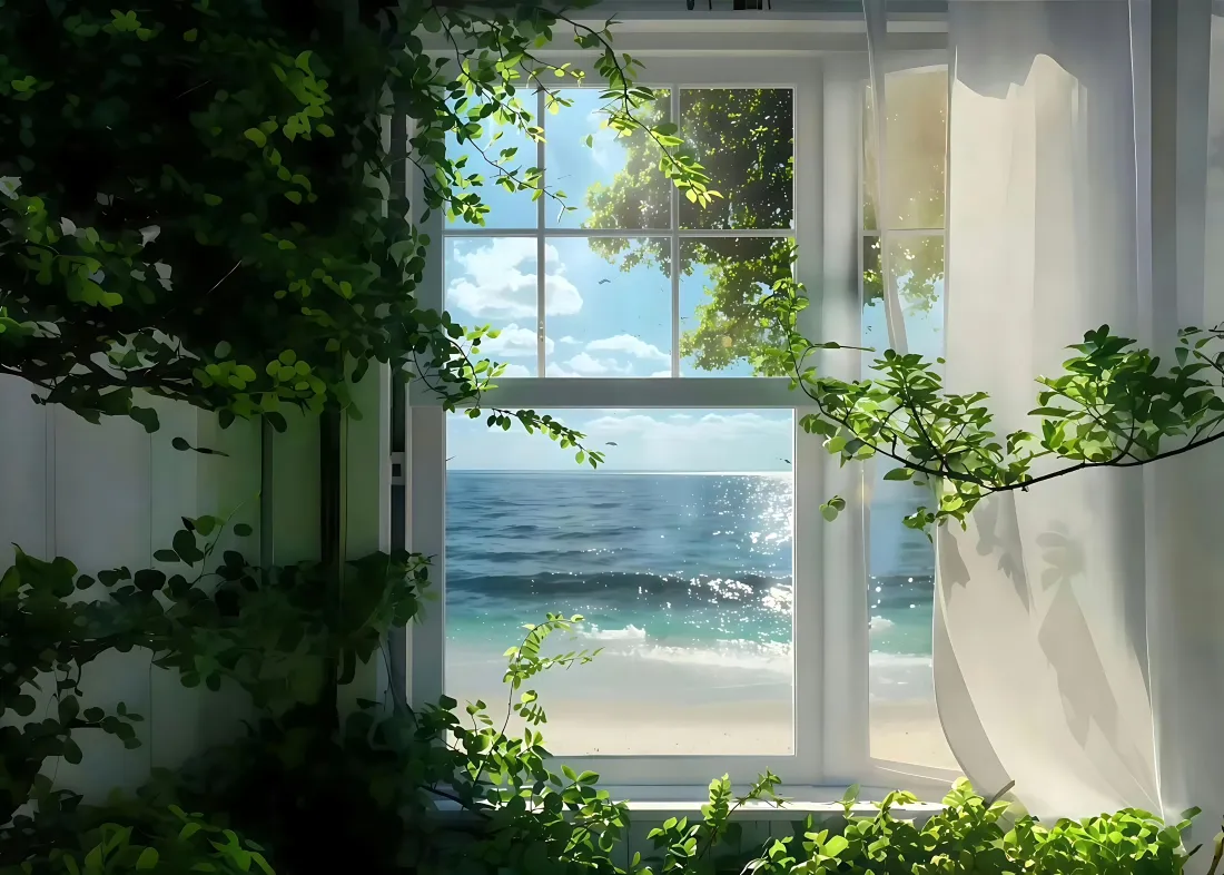 4k窗边海景壁纸｜窗外大海背景图片 - 绿植白纱治愈风景「哲风壁纸」