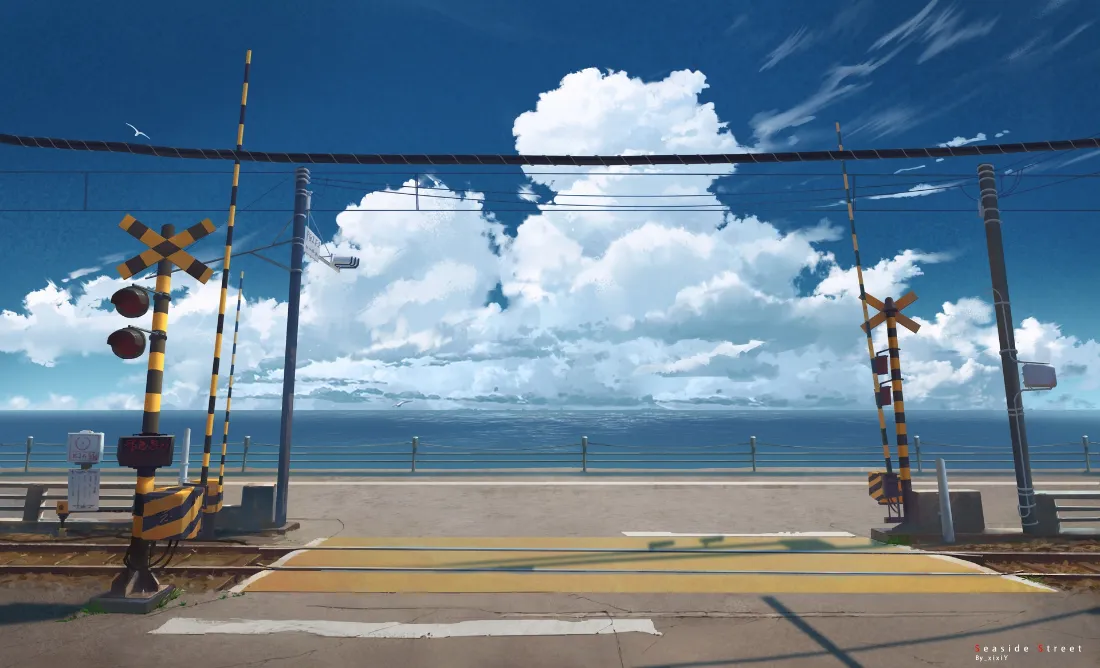 2k海边铁路道口｜蓝天海滨背景图片 - 日系动漫风景「哲风壁纸」