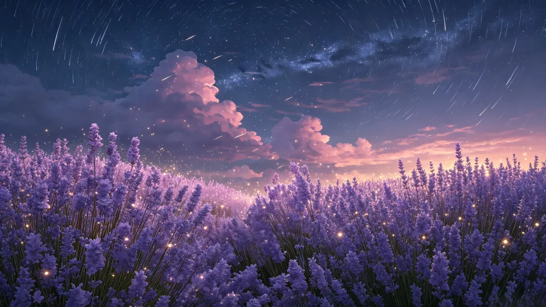 3k薰衣草花田壁纸｜黄昏星空背景图片 - 粉云流星萤光浪漫风景「哲风壁纸」