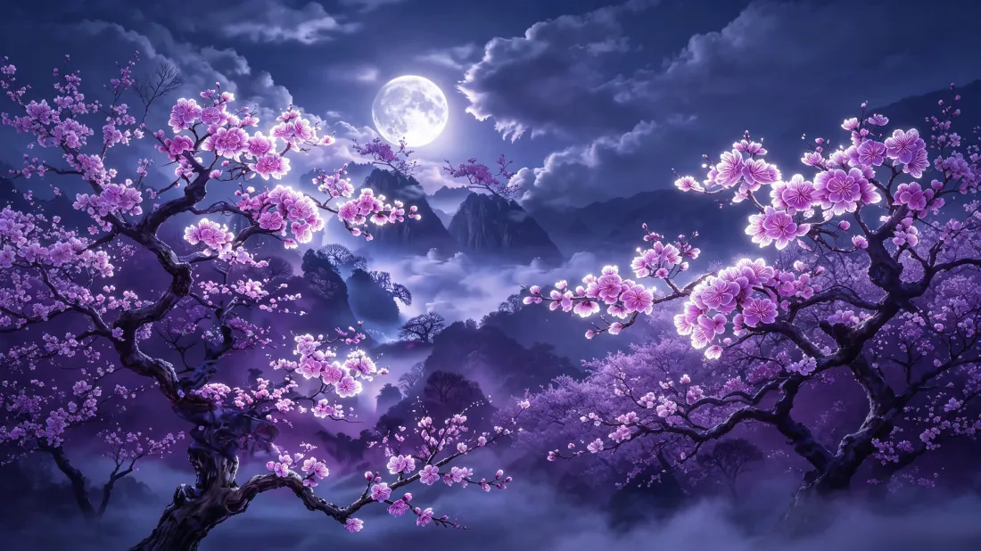 3k月夜樱花壁纸｜山间云雾背景图片 - 粉紫梦幻夜景「哲风壁纸」
