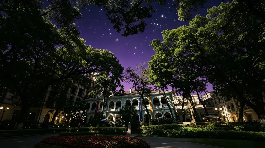 3k欧式拱廊建筑壁纸｜庭院夜景背景图片 - 星空古树林荫「哲风壁纸」