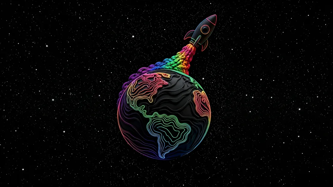 3k刺绣地球火箭｜星空背景图片 - 彩虹尾焰创意插画「哲风壁纸」