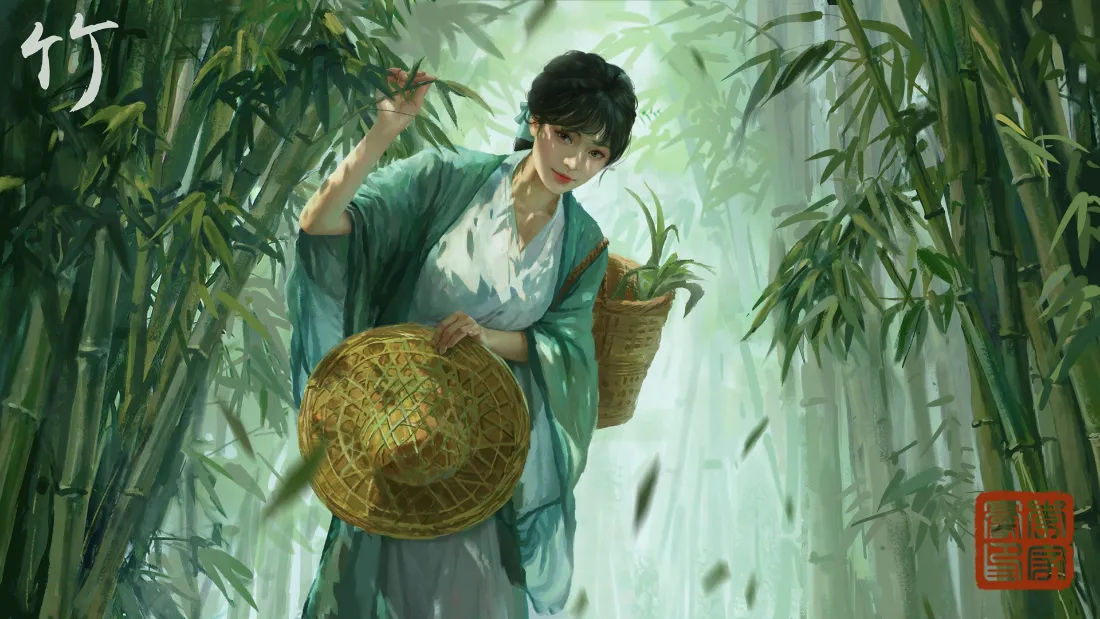 2k古风女子壁纸｜竹林背景图片 - 背篓持斗笠国风插画「哲风壁纸」
