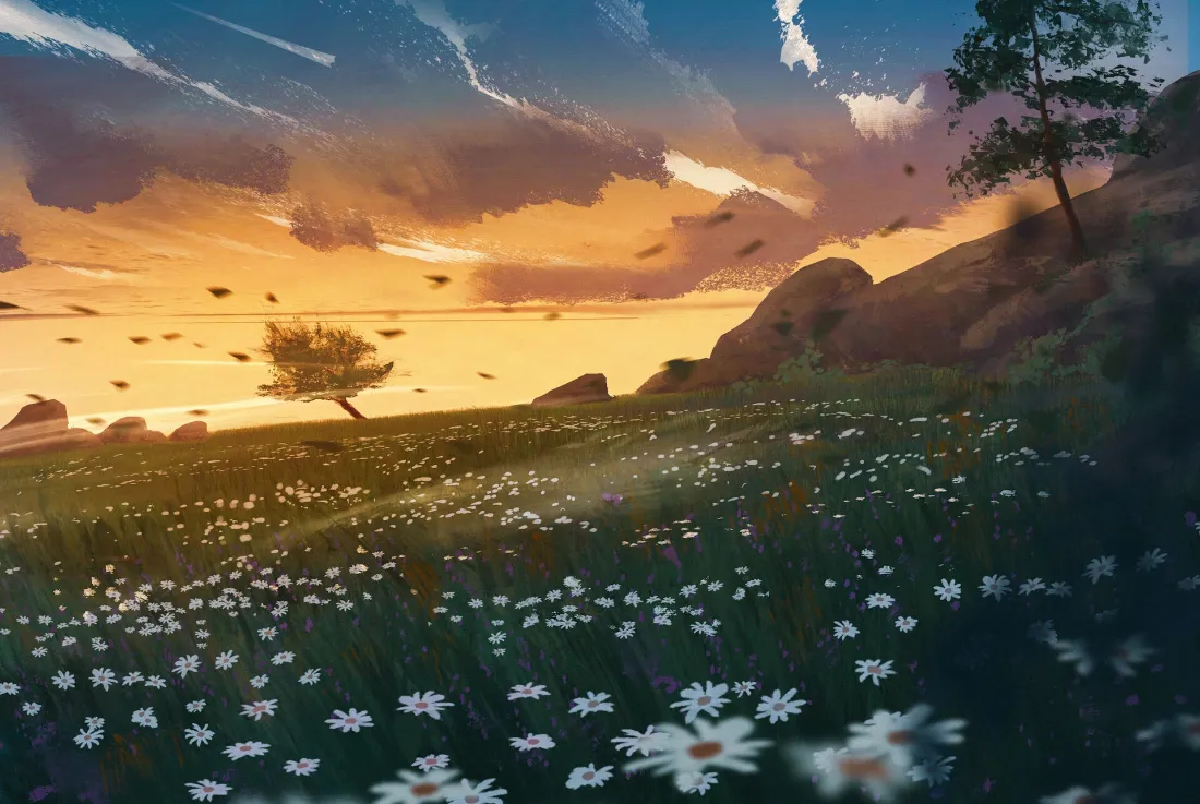 2k黄昏花田山坡壁纸｜卡通风景背景图片 - 野花落日治愈插画「哲风壁纸」