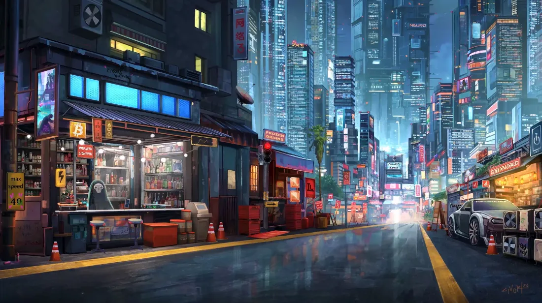 4k赛博朋克都市｜雨夜街景背景图片 - 霓虹高楼便利店「哲风壁纸」