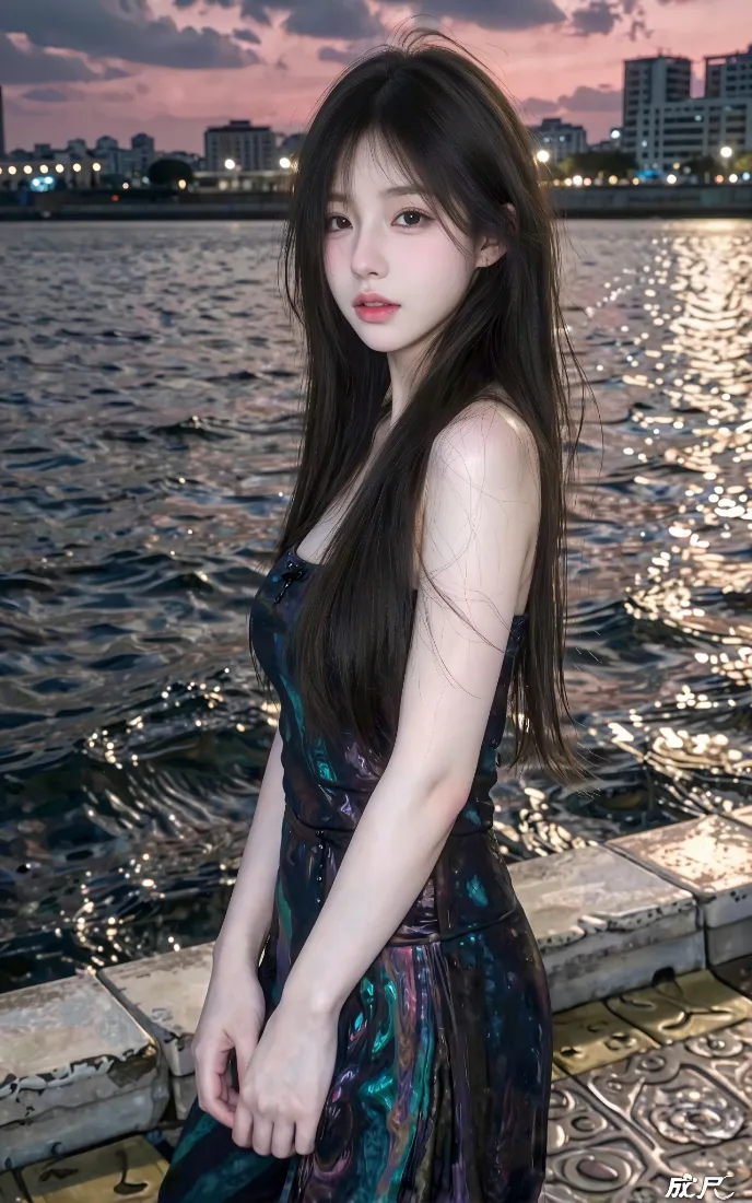 长发美女手机壁纸｜海边夕阳背景图片 - 吊带裙城市江景人像「哲风壁纸」