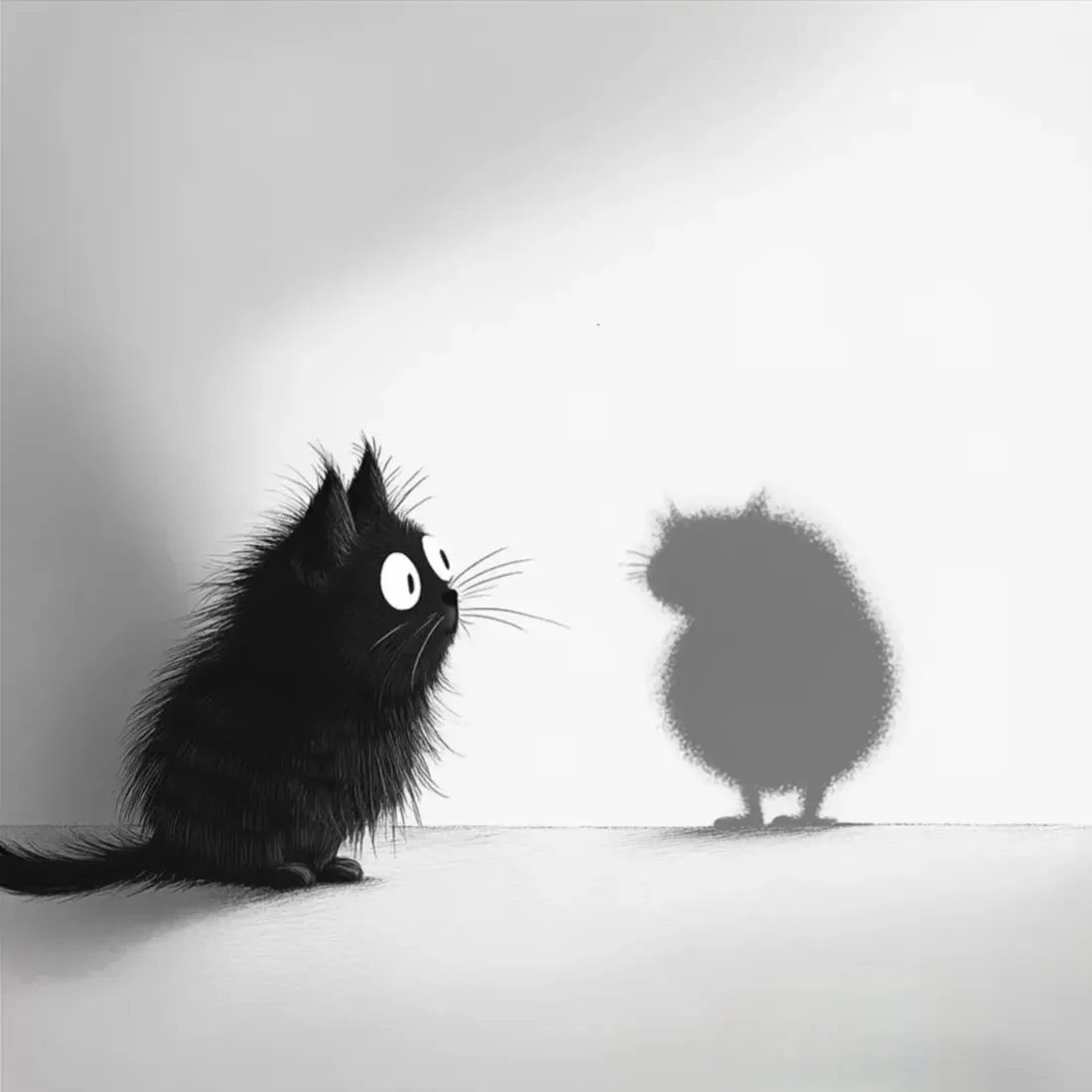 炸毛黑猫手机壁纸｜黑白插画背景图片 - 可爱猫咪影子趣味「哲风壁纸」