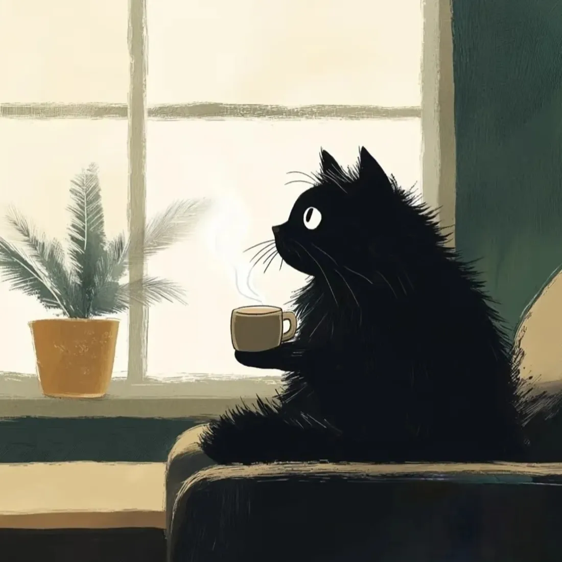 黑猫手机壁纸｜窗边休闲背景图片 - 沙发捧杯治愈猫咪插画「哲风壁纸」