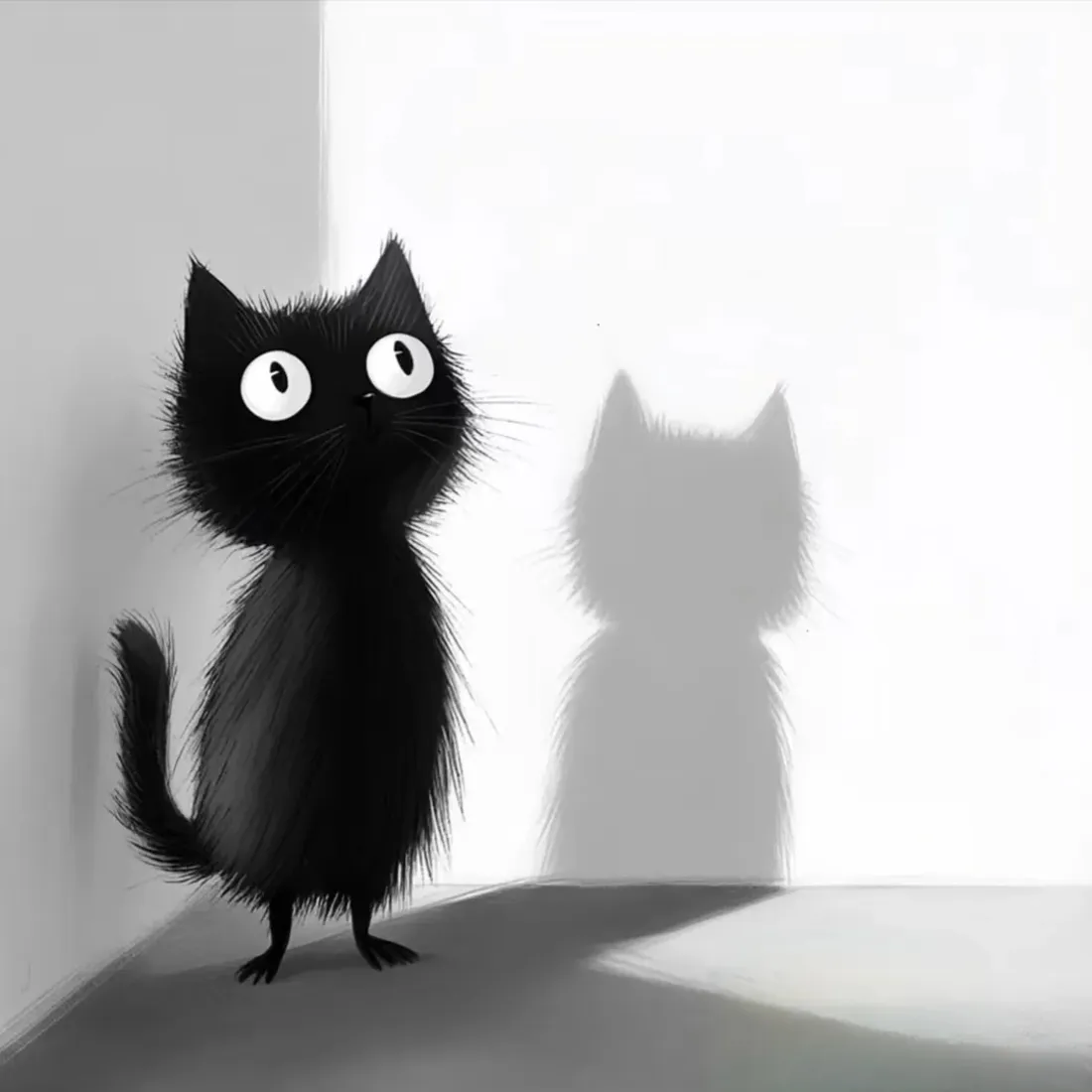 炸毛黑猫手机壁纸｜白墙墙角背景图片 - 大眼萌趣卡通形象「哲风壁纸」