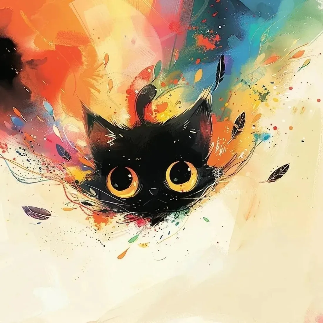 黑猫手机壁纸｜水彩插画背景图片 - 可爱大眼萌宠手绘「哲风壁纸」