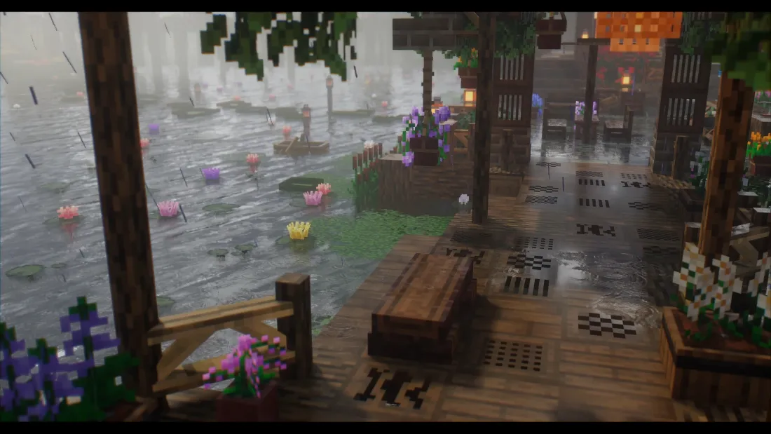3k像素雨景｜河畔木栈道背景图片 - 长椅彩球静谧氛围「哲风壁纸」