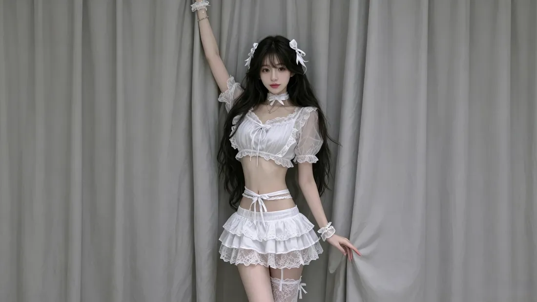 3k甜妹穿搭壁纸｜灰色幕布背景图片 - 白蕾丝套装少女「哲风壁纸」