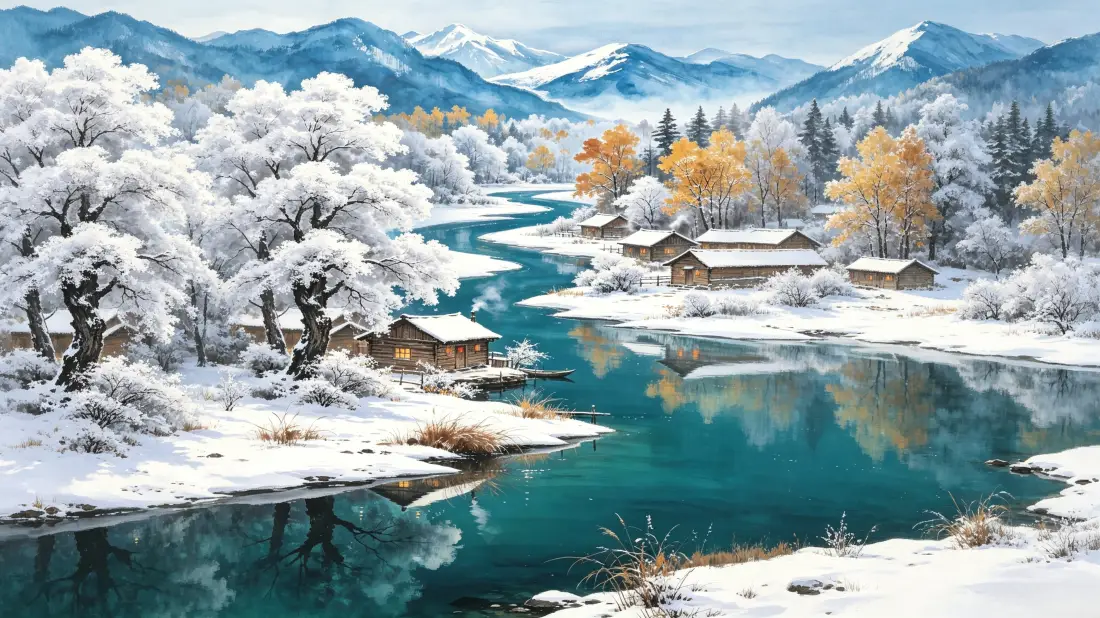 3k雪后乡村风景壁纸｜碧水河畔背景图片 - 雪山木屋雾凇秋林「哲风壁纸」