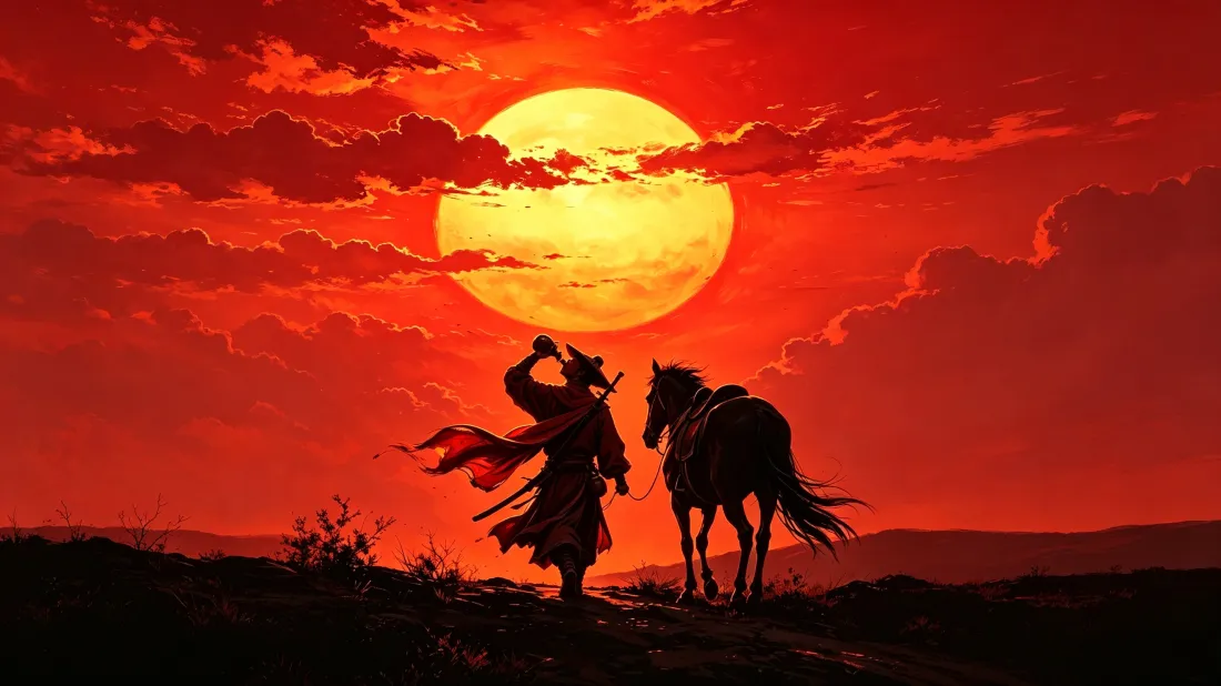 3k古风侠客壁纸｜夕阳牵马背景图片 - 江湖武侠剪影「哲风壁纸」
