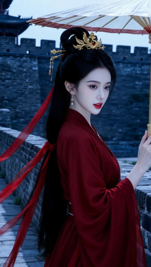 古风红衣女子手机壁纸｜古城背景图片 - 撑伞「哲风壁纸」