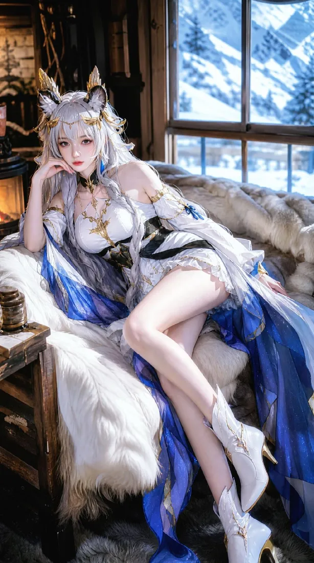狐耳白发少女手机壁纸｜木屋雪景背景图片 - 蓝白长裙慵懒坐姿「哲风壁纸」