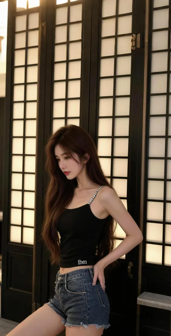 长发美女手机壁纸｜格窗暖光背景图片 - 吊带牛仔短裤穿搭「哲风壁纸」