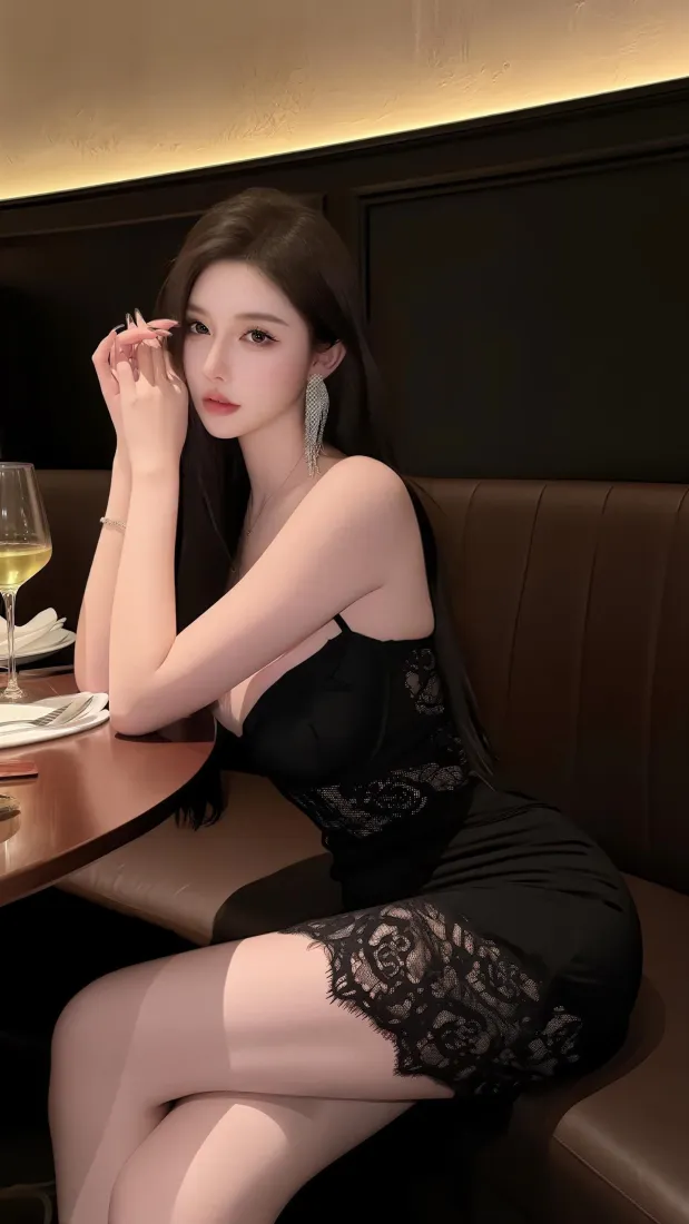 气质美女手机壁纸｜餐厅约会背景图片 - 黑色吊带裙「哲风壁纸」