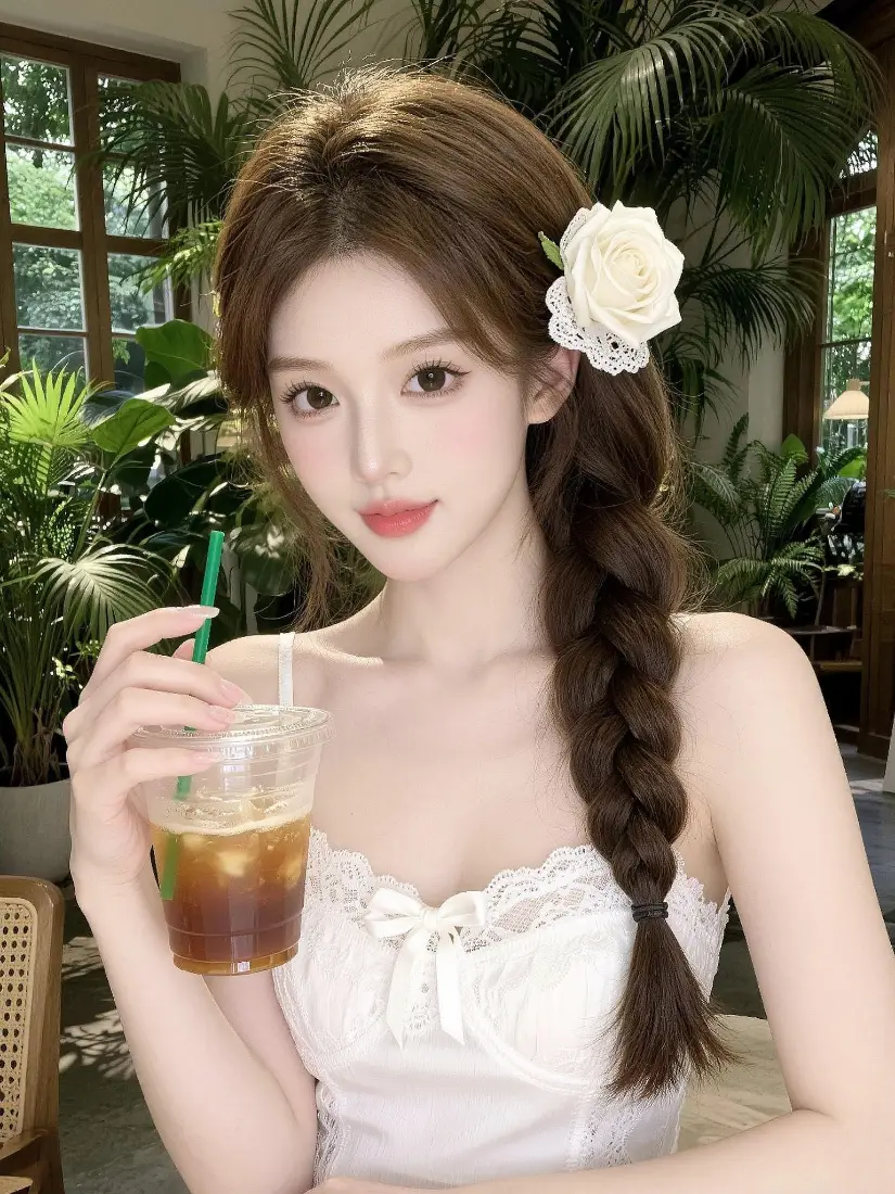 白玫瑰发饰美女手机壁纸｜室内绿植背景图片 - 吊带麻花辫手持冰饮「哲风壁纸」