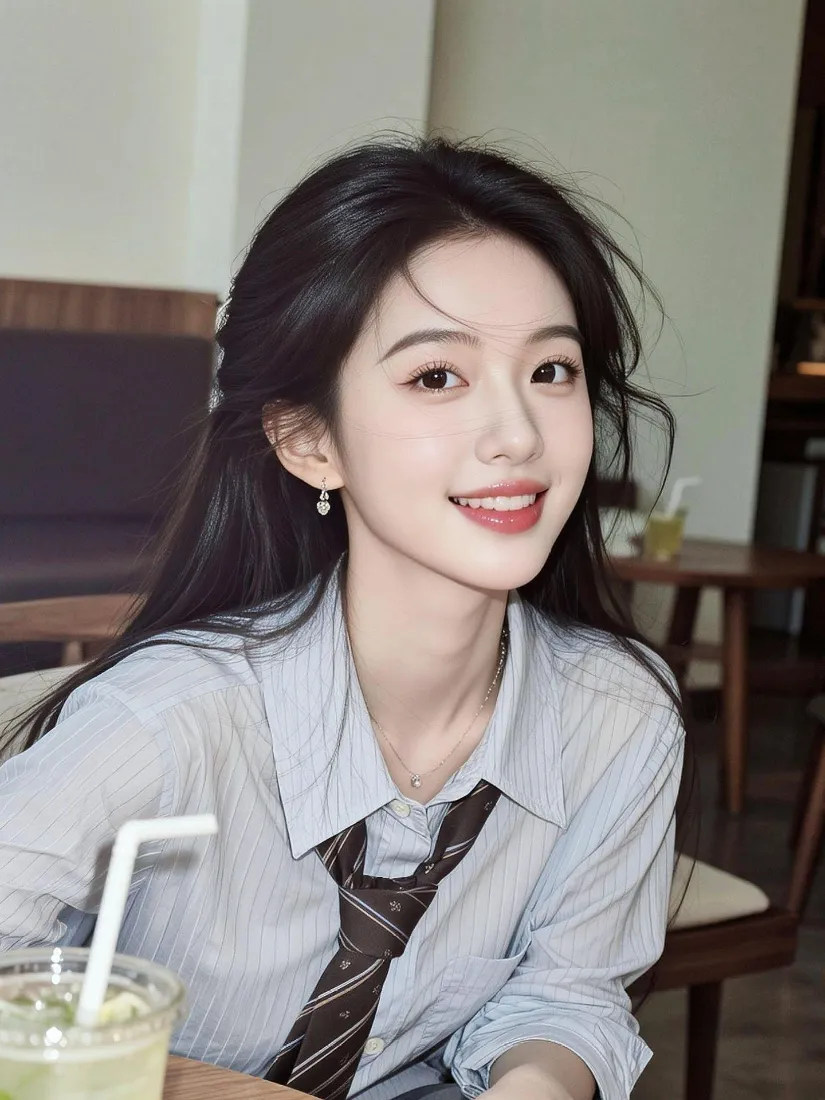 长发美女手机壁纸｜咖啡馆休闲背景图片 - 蓝衬衫领带穿搭「哲风壁纸」