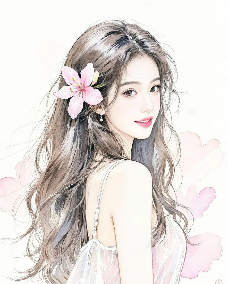 长发女生手机壁纸｜淡粉花饰背景图片 - 清新水彩风少女「哲风壁纸」