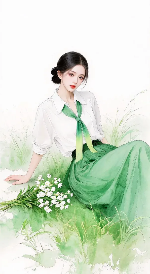 绿裙女子手机壁纸｜清新手绘背景图片 - 白衬衫花束少女「哲风壁纸」
