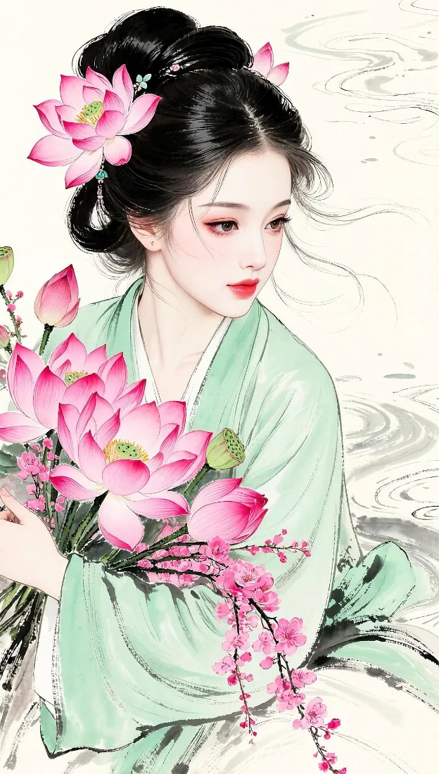 古风仕女手机壁纸｜荷花绿衣背景图片 - 国风工笔美人「哲风壁纸」