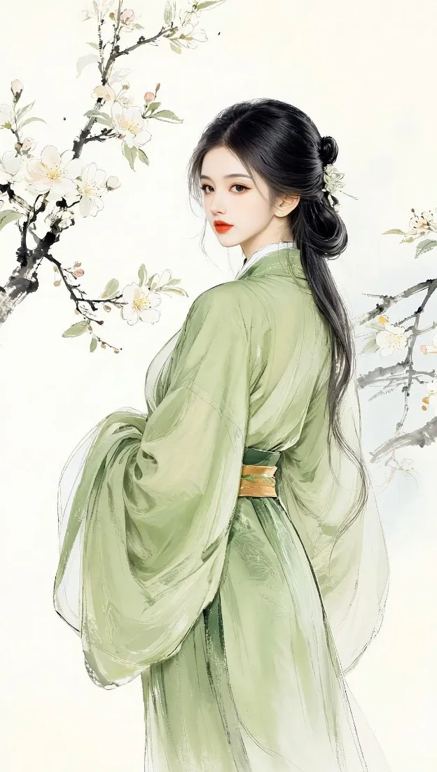 古风绿衣汉服女子手机壁纸｜玉兰花枝背景图片 - 国风清雅「哲风壁纸」